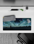 28x12 inches anime mouse pad in deep teal and moonlit blue, calm dreamy sky with streaking stars.