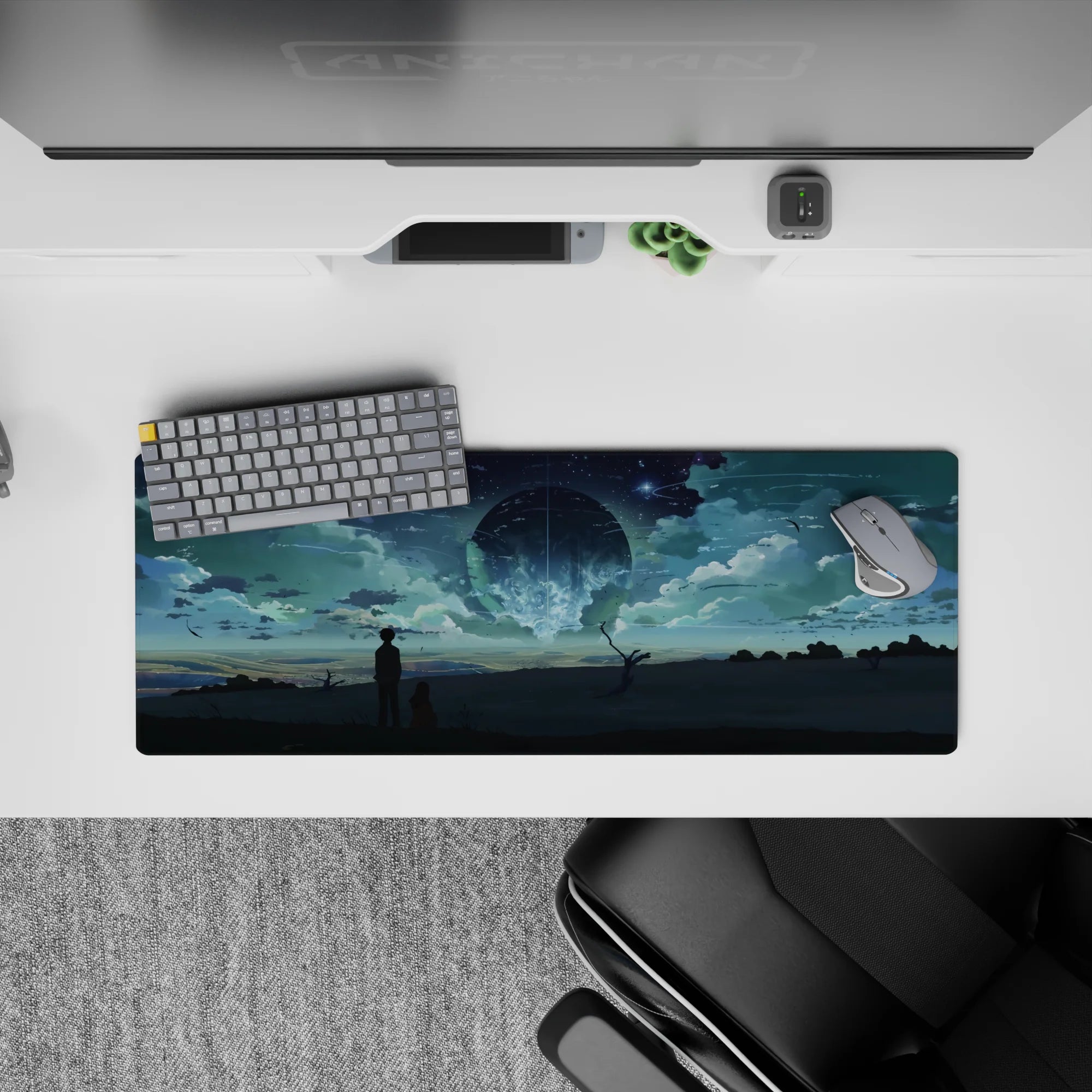 32x12 inches anime mouse pad in deep teal clouds and moonlit blues, dreamy calming nightscape.