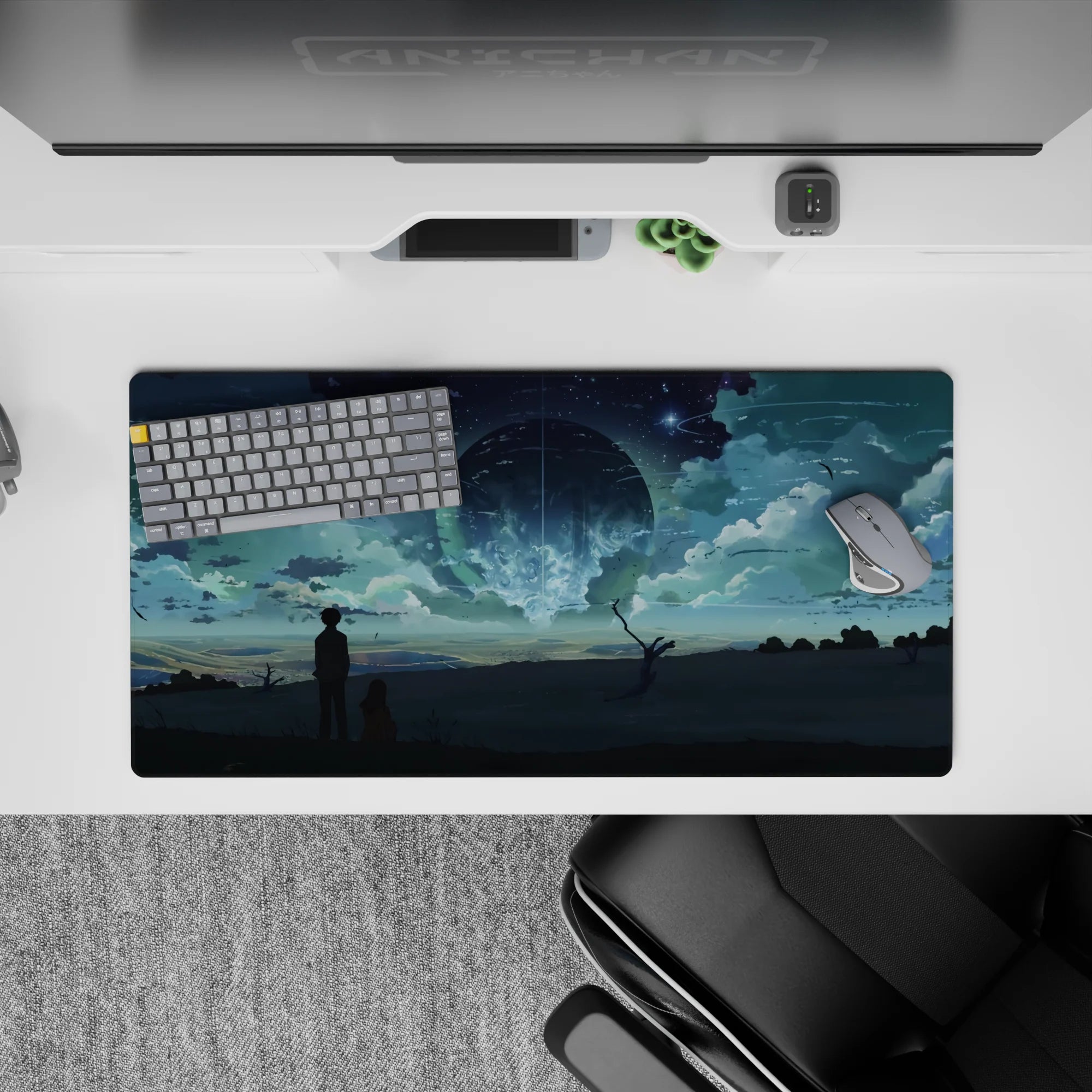 32x16 inches anime mouse pad in deep teal and moonlit blue, calm dreamy nightscape with light streaks.