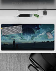 32x16 inches anime mouse pad in deep teal and moonlit blue, calm dreamy nightscape with light streaks.