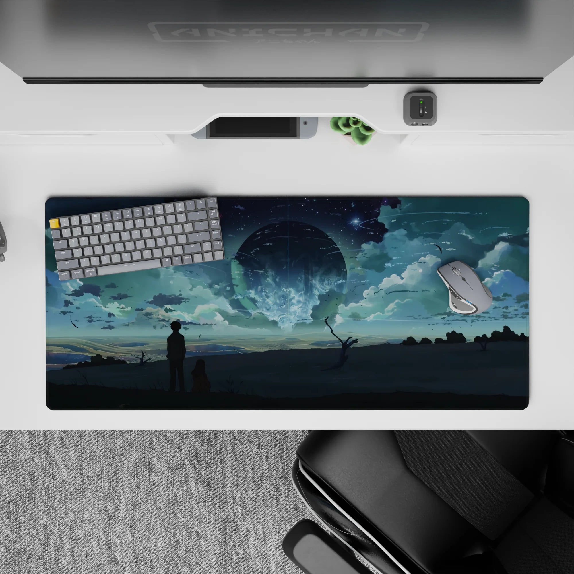 36x16 inches anime desk pad in deep teal clouds and moonlit blues, calm dreamy night-sky mood.