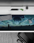 36x16 inches anime desk pad in deep teal clouds and moonlit blues, calm dreamy night-sky mood.