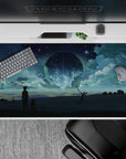 Dreamy teal clouds and moonlit blues on an anime desk pad 40x20 inches, calm night-sky mood.