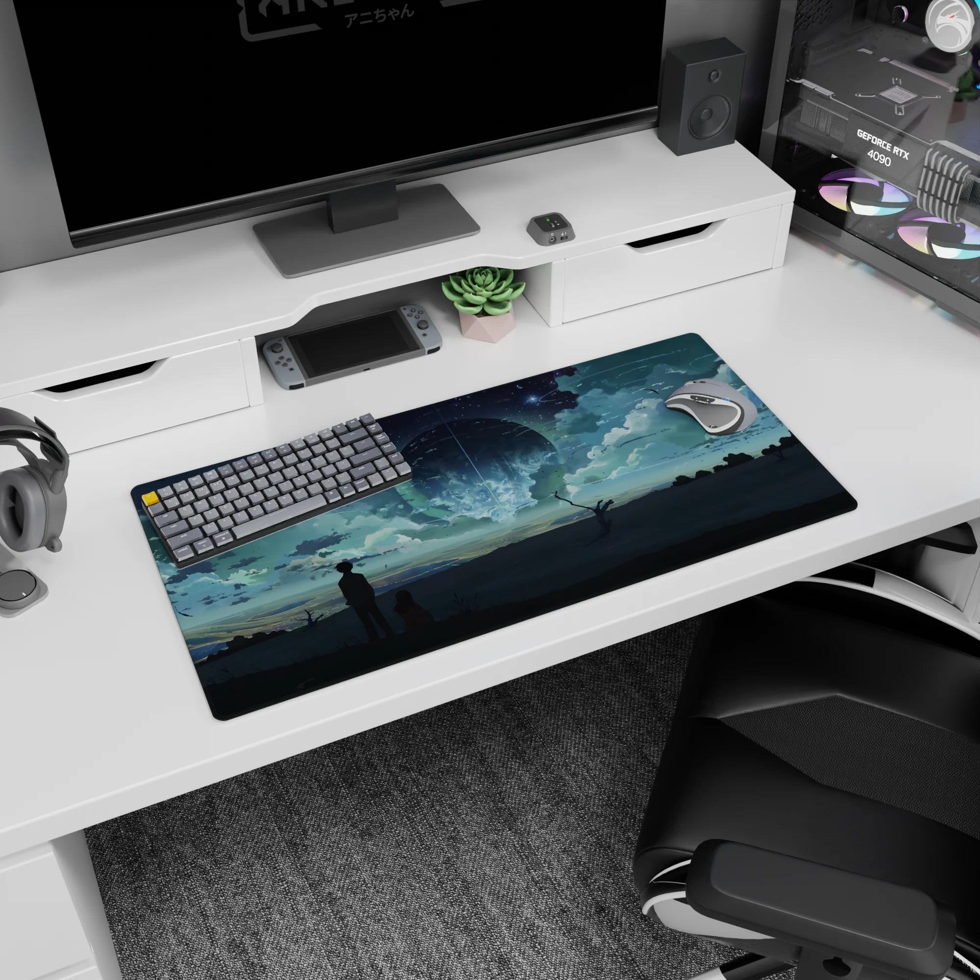 32x16 inches anime mouse pad showing two silhouettes sharing a quiet moment beneath a giant glowing orb.