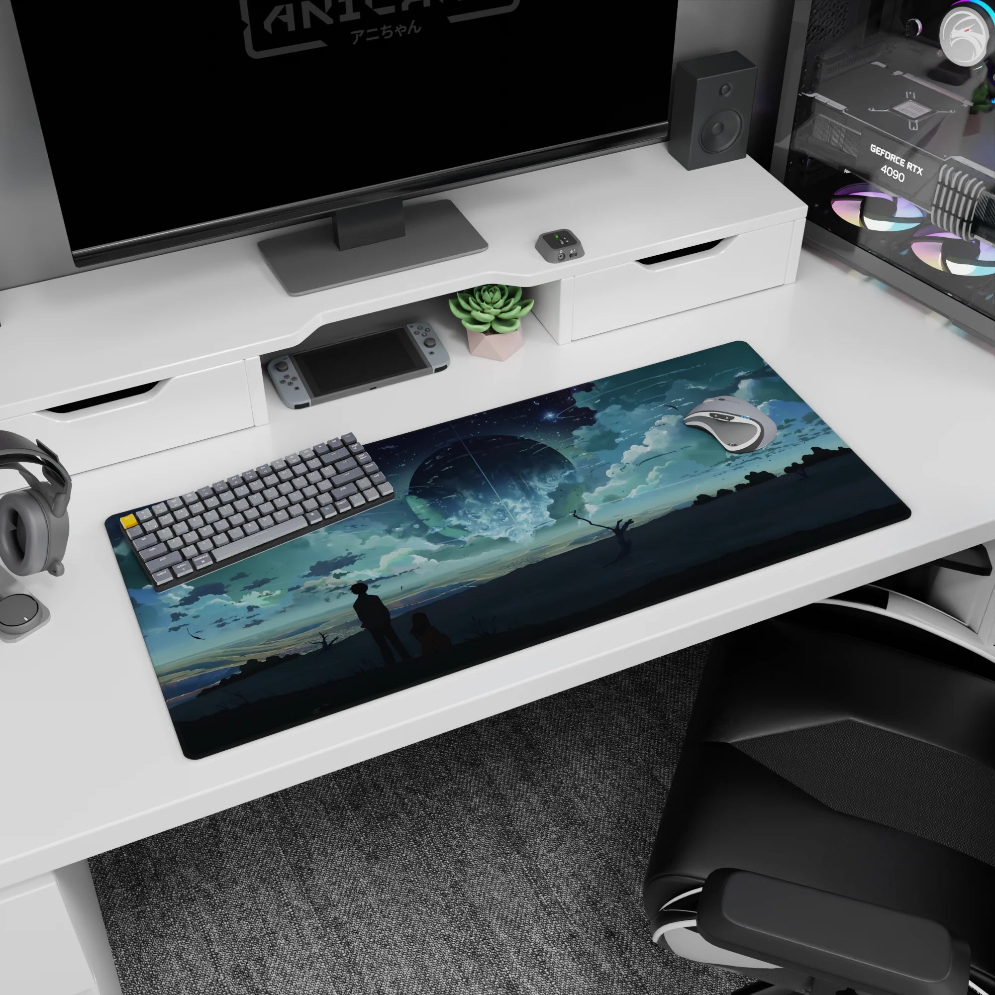 36x16 inches anime desk pad showing a quiet duo watching stars and light streaks over a wide horizon.