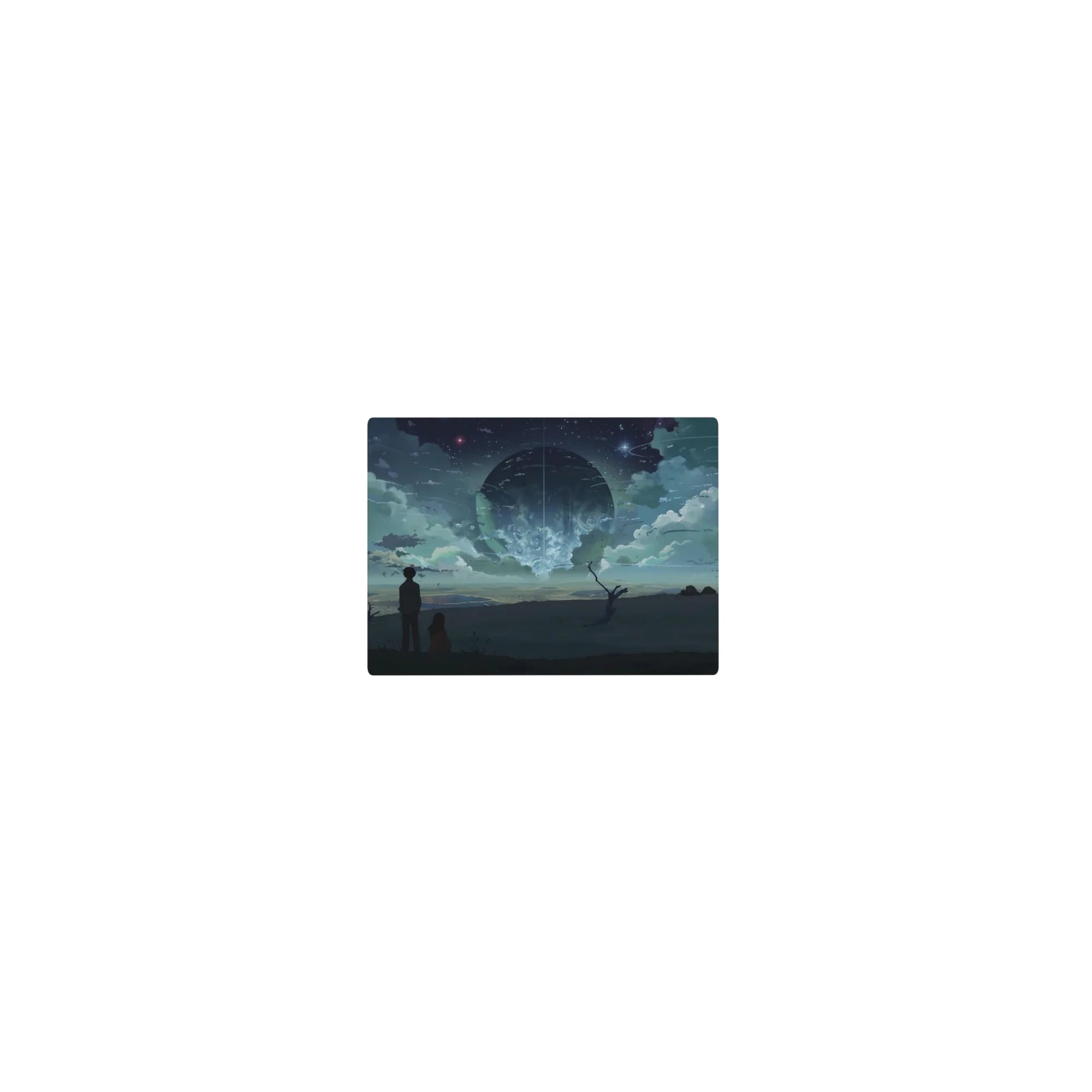Classic anime mouse pad 14x10 inches with stargazer duo on ridge under a huge glowing sphere sky.