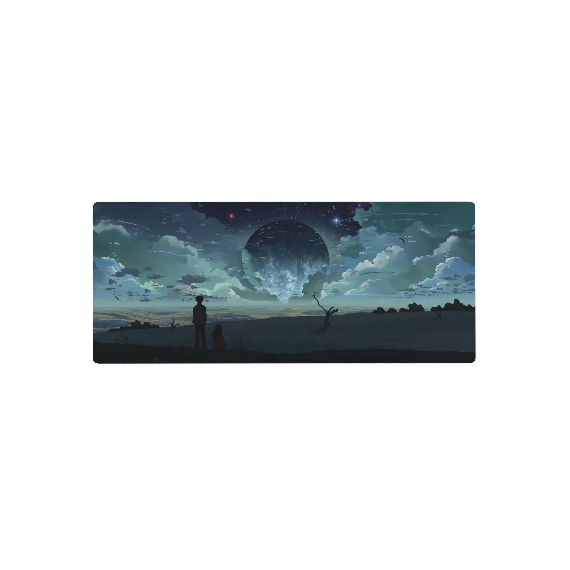 28x12 inches anime mouse pad with stargazer duo under a giant glowing orb and sweeping night clouds.