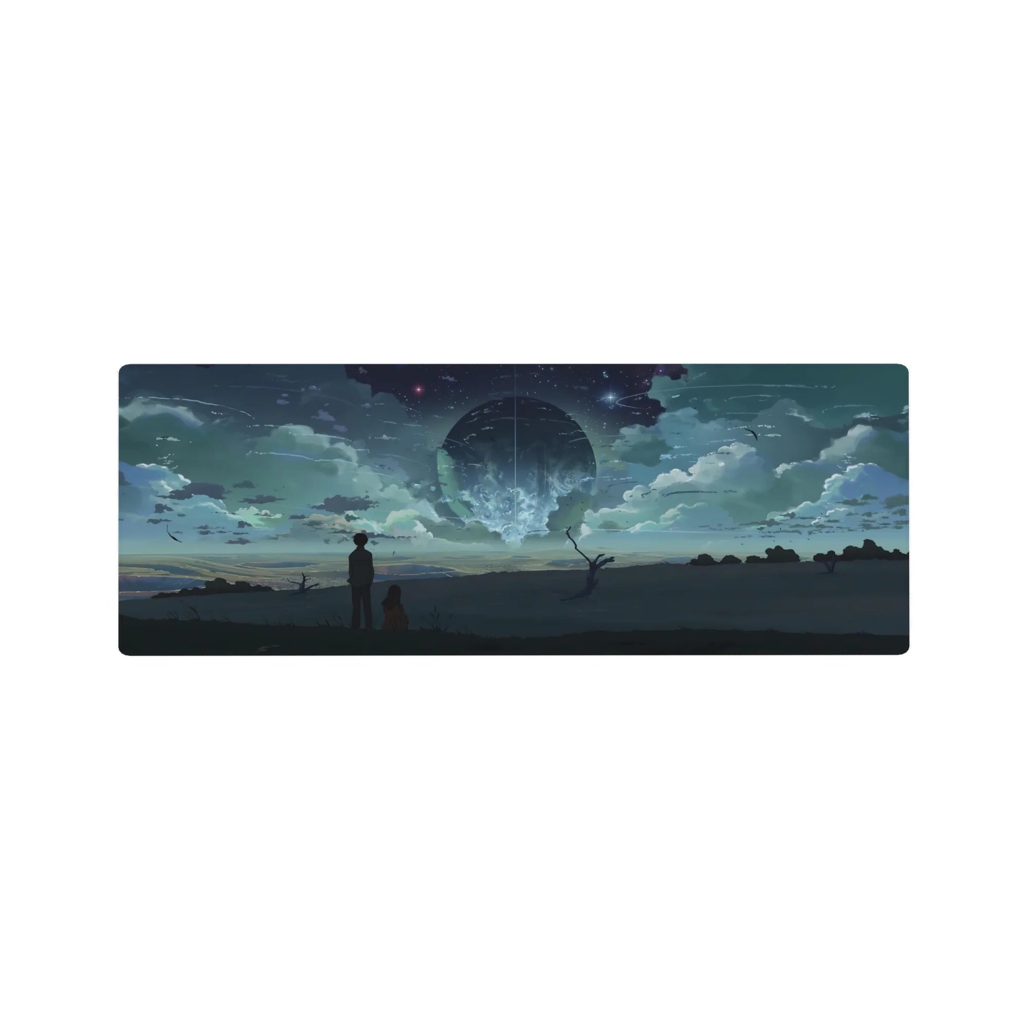 32x12 inches anime mouse pad with two silhouettes on a ridge under a glowing sphere and starry sky.