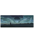 32x12 inches anime mouse pad with two silhouettes on a ridge under a glowing sphere and starry sky.