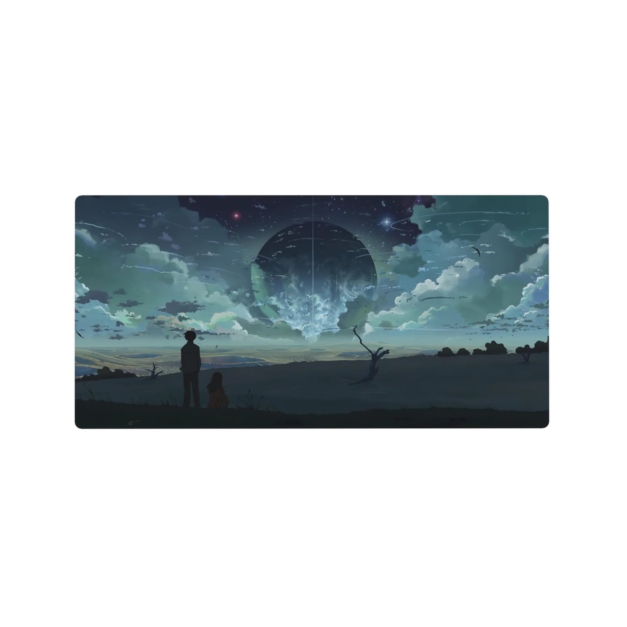 32x16 inches anime mouse pad with stargazing duo on a ridge under a glowing sphere and starry sky.
