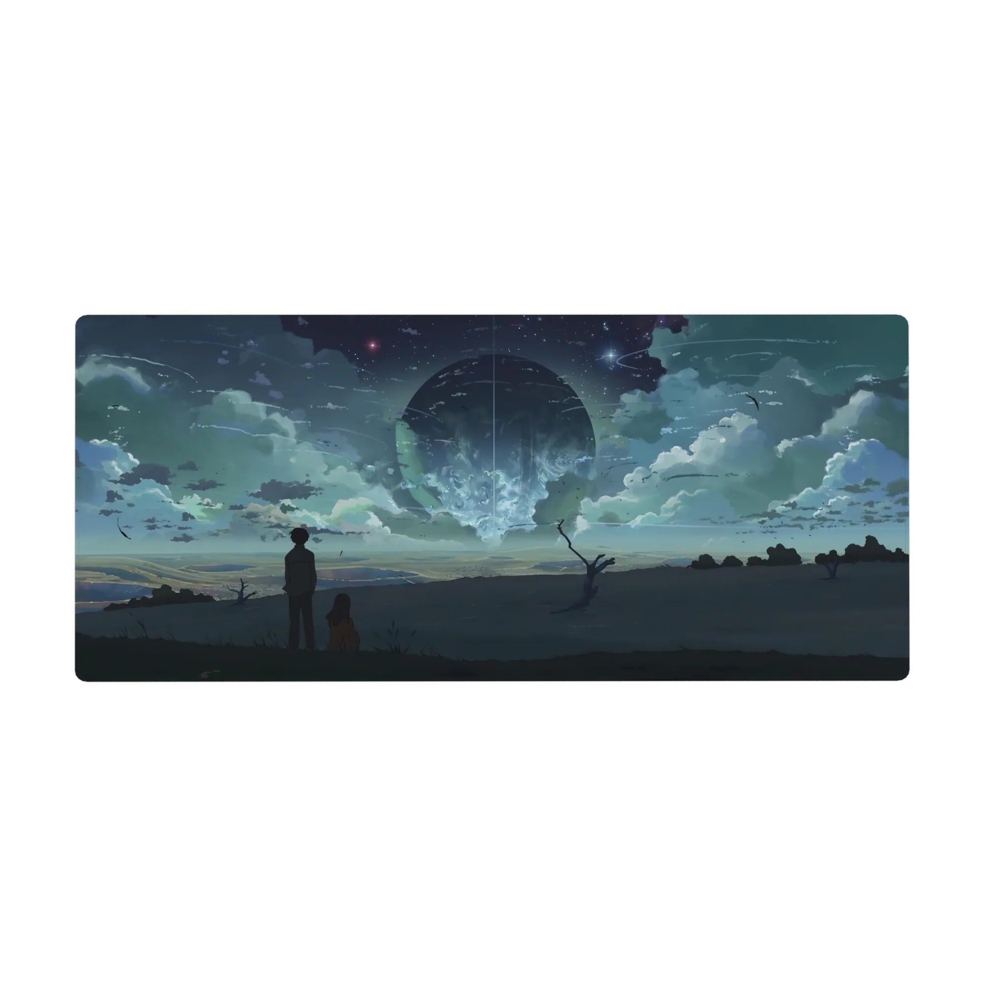 36x16 inches anime desk pad with two silhouettes on a ridge under a glowing sphere and starry sky.