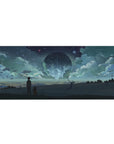 36x16 inches anime desk pad with two silhouettes on a ridge under a glowing sphere and starry sky.