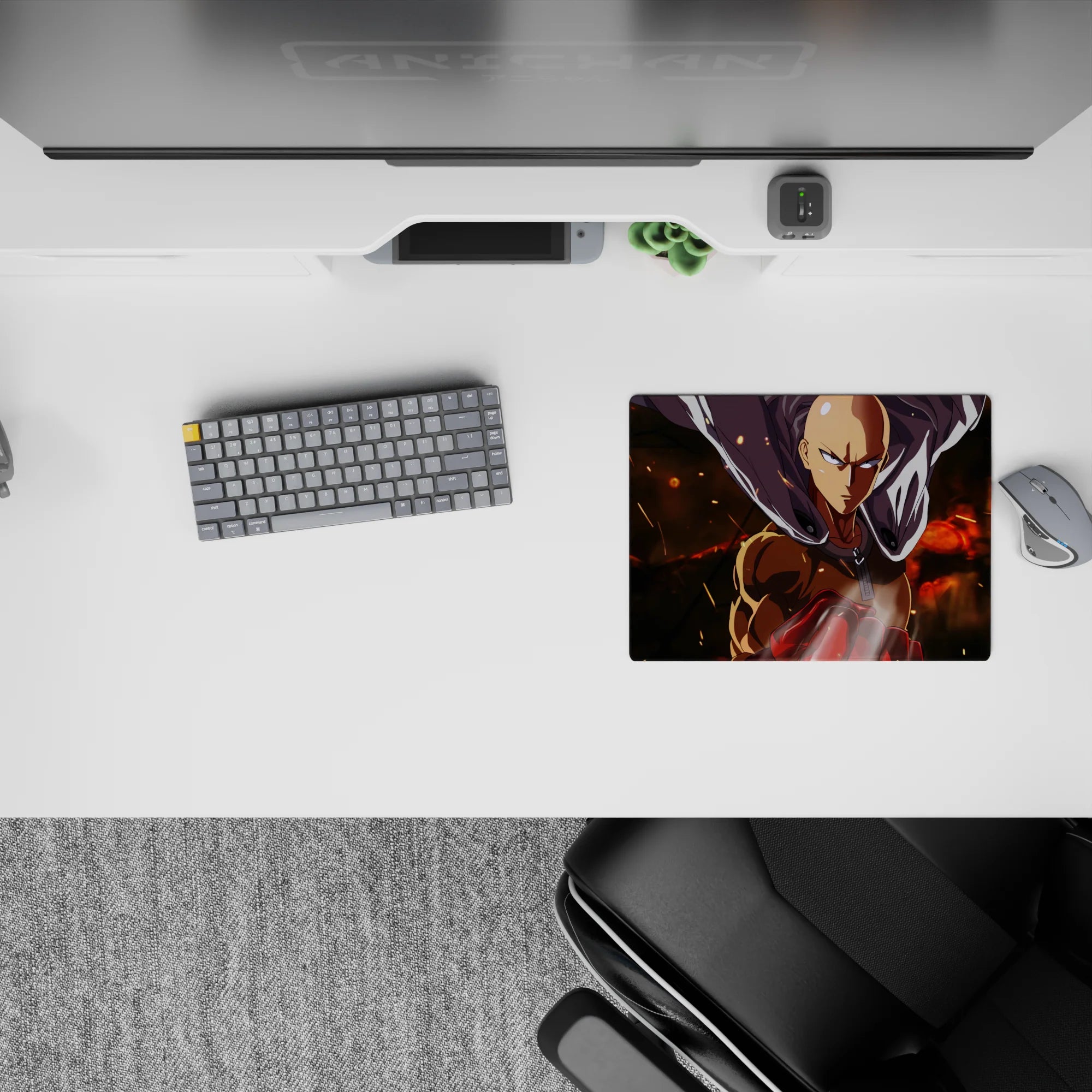 14x10 inches anime mouse pad in warm orange glow and deep shadows, smoky embers, calm heroic vibe.