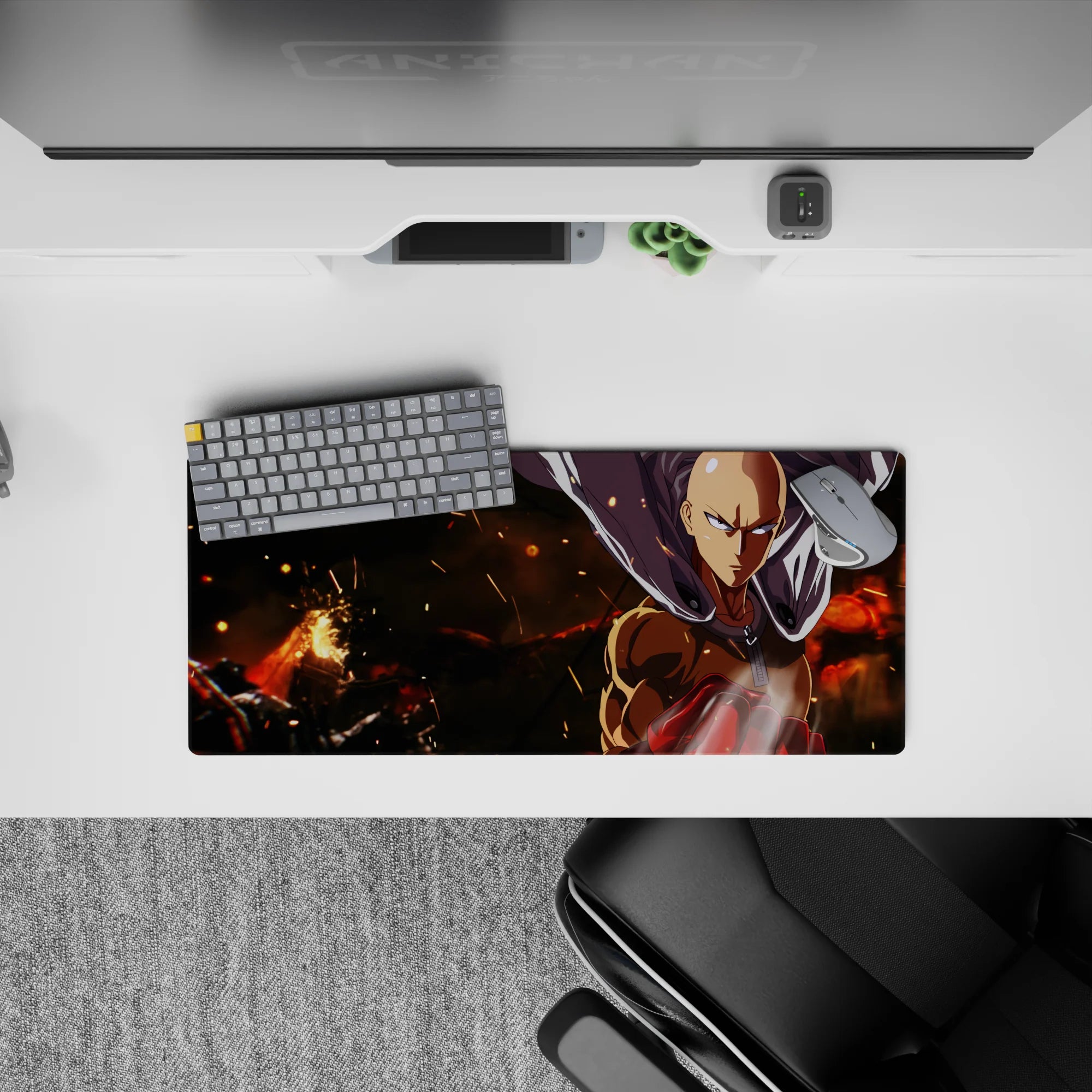 28x12 inches anime mouse pad in warm oranges and deep shadows, smoky glow, calm heroic vibe.