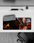 28x12 inches anime mouse pad in warm oranges and deep shadows, smoky glow, calm heroic vibe.