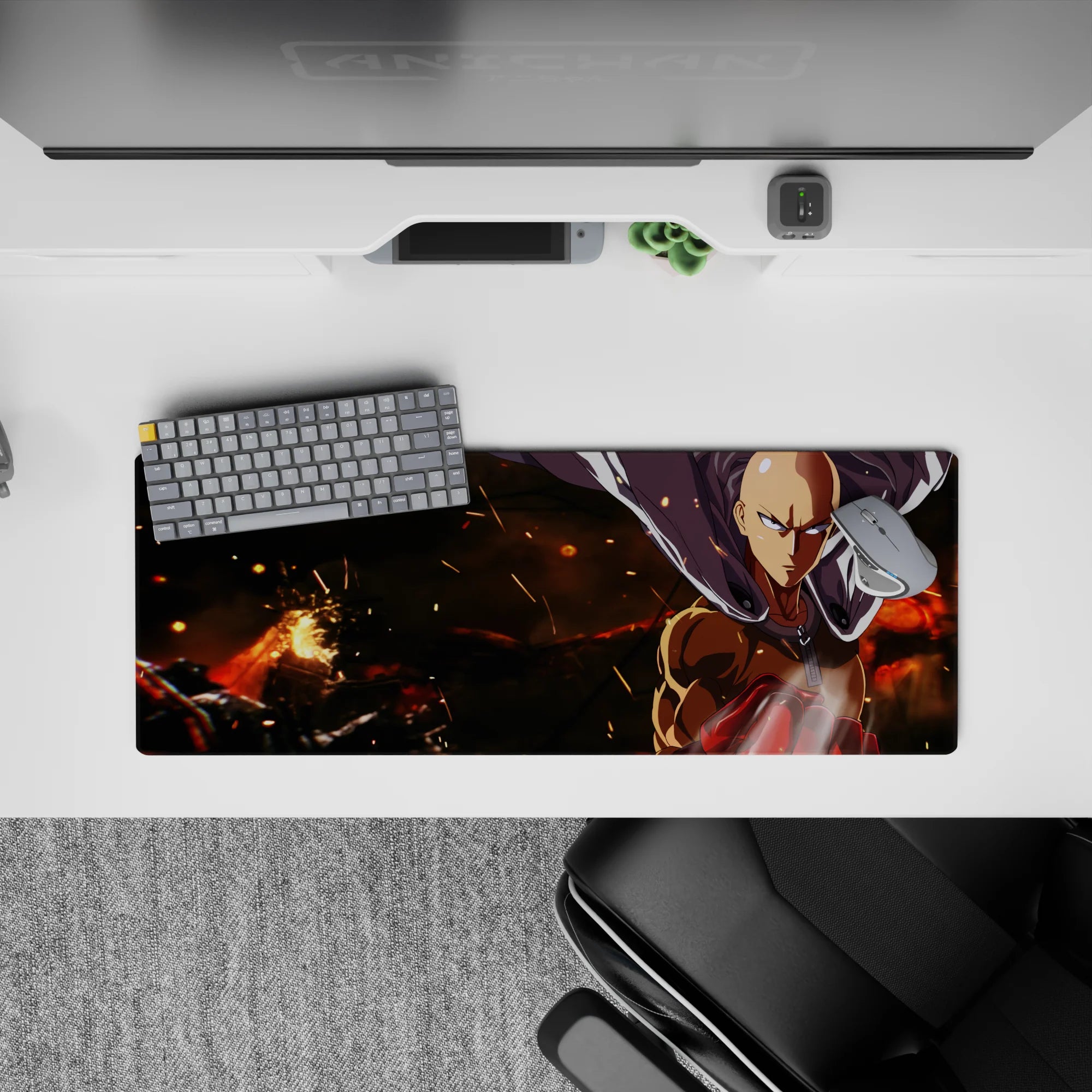 32x12 inches anime desk mat in warm orange glow with deep shadows, smoky embers, and calm intense vibe.