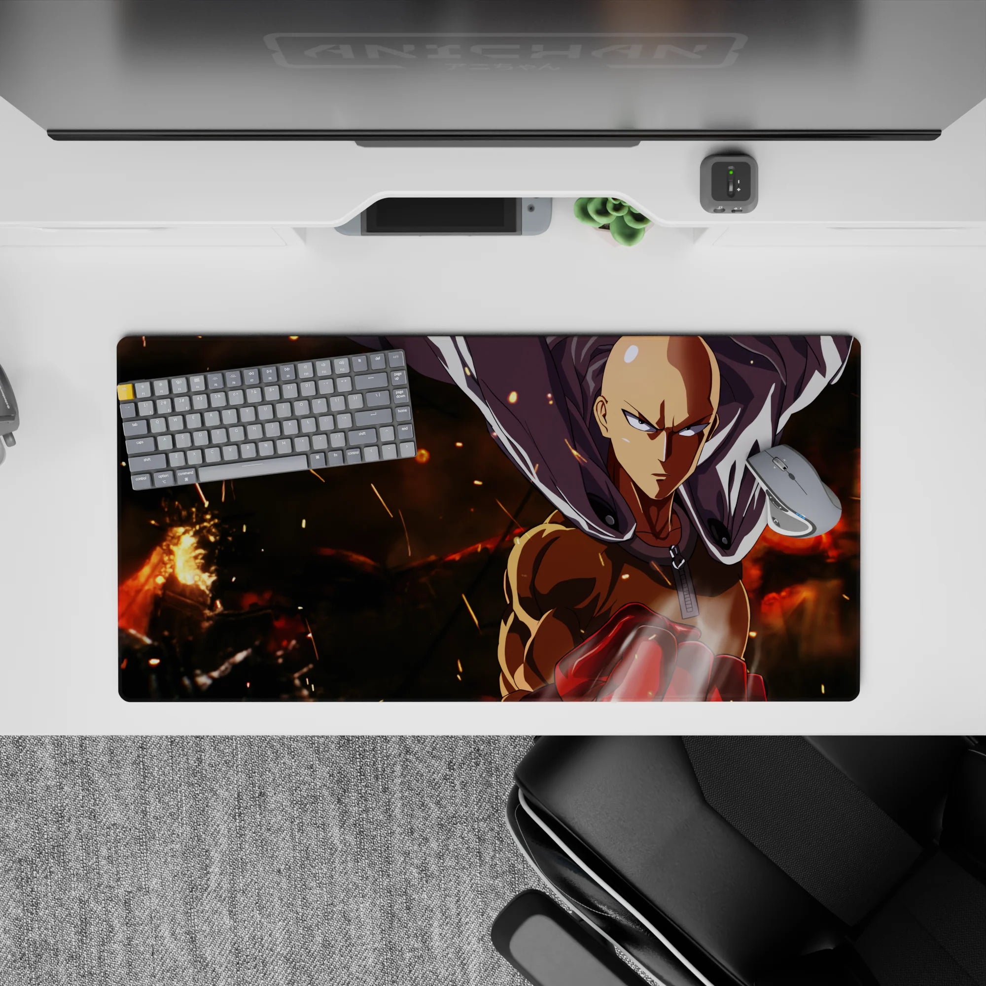 32x16 inches anime mouse pad in warm oranges and deep shadows, smoky depth, calm intense vibe.