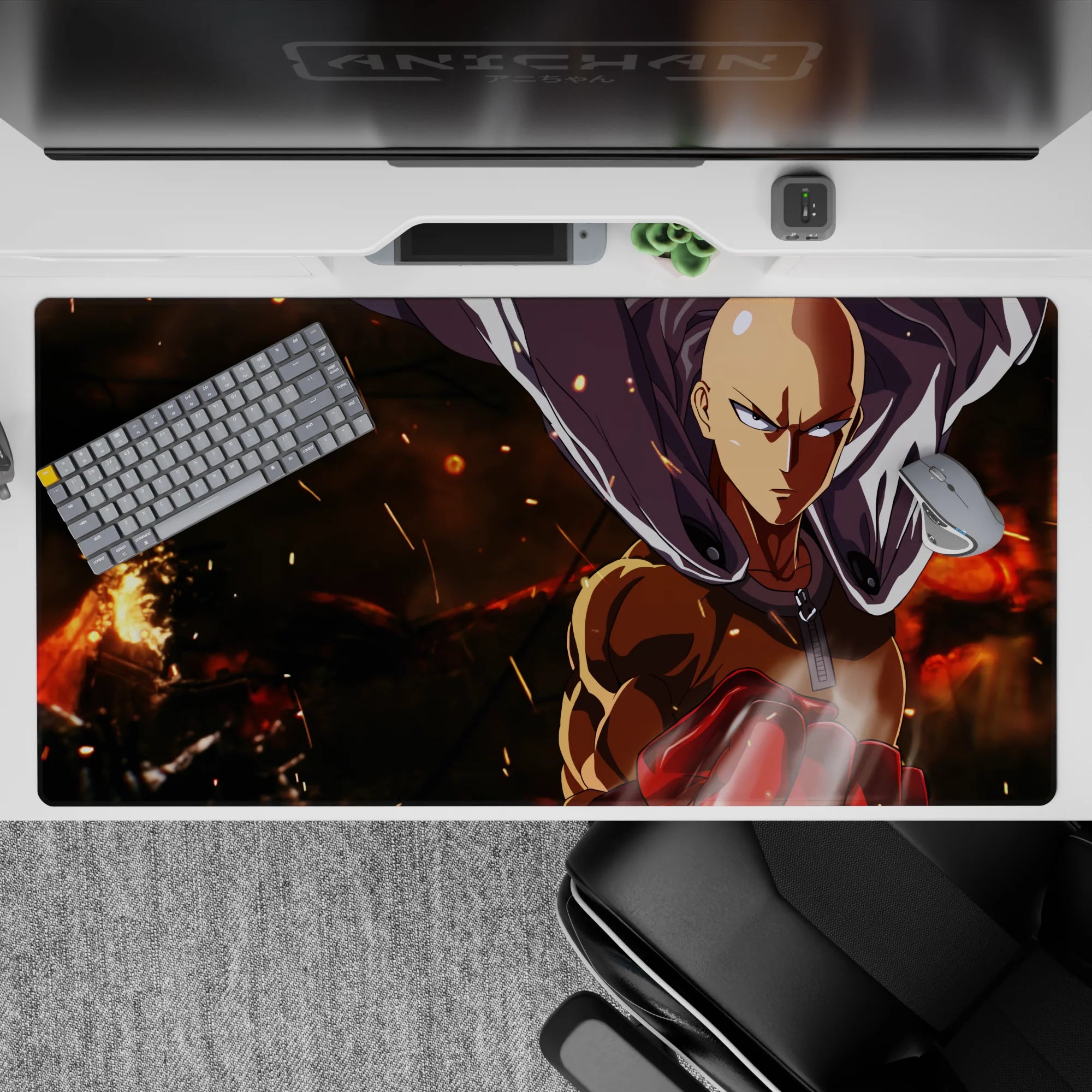 40x20 inches anime desk pad in warm orange glow and deep shadows, smoky action mood, clean bold lines.