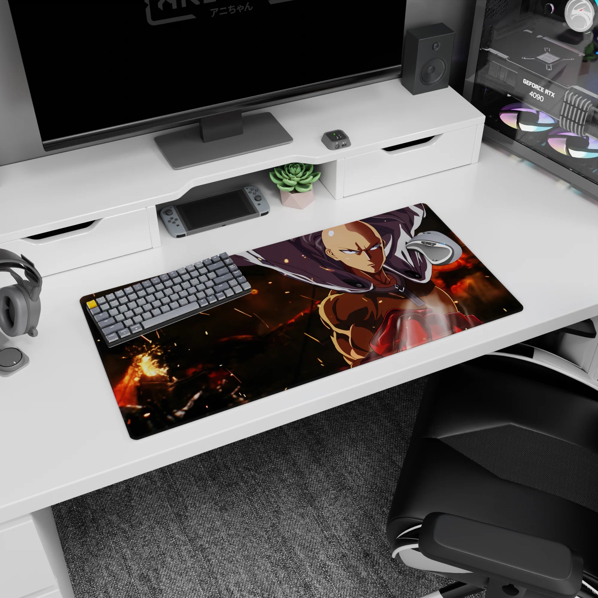 32x16 inches One Punch Man mouse pad showing Saitama staring ahead as embers crackle behind him.