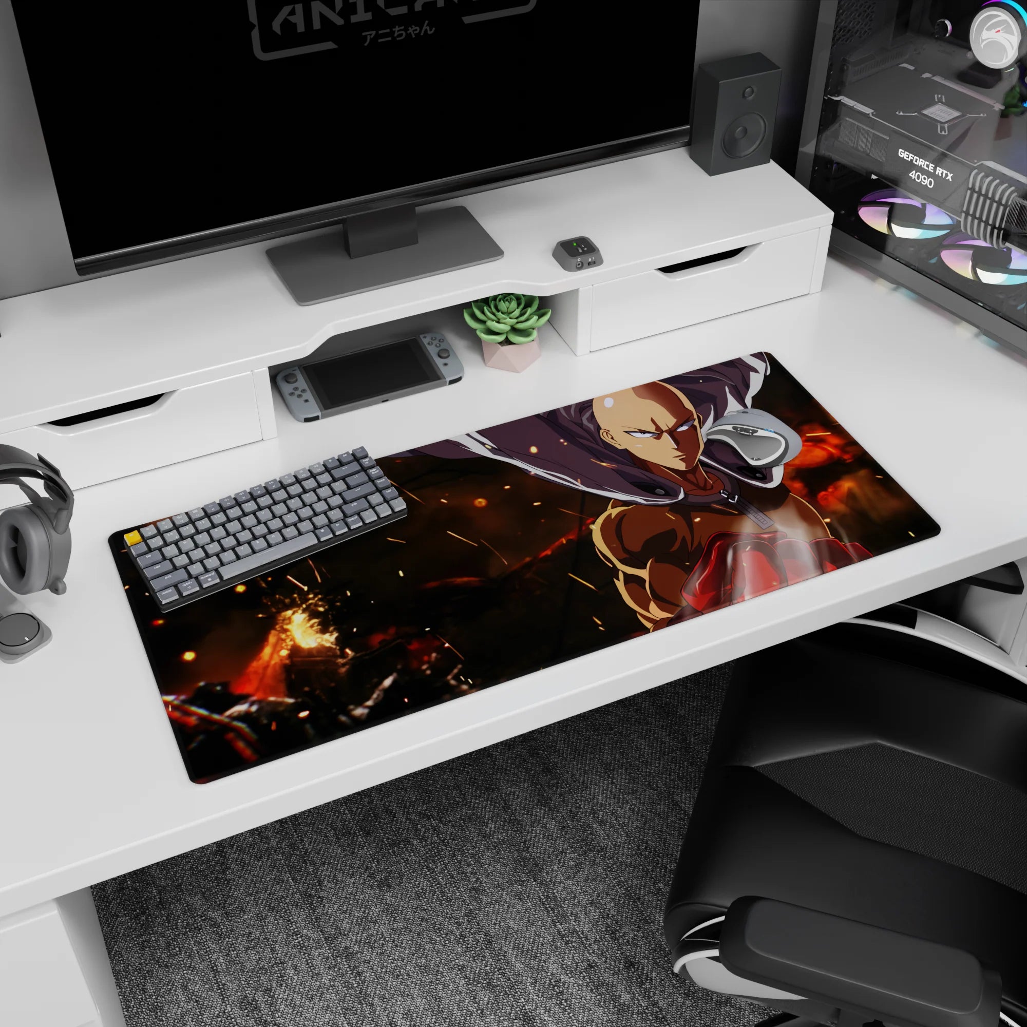 36x16 inches One Punch Man desk pad showing Saitama staring ahead as embers crackle behind his cape.