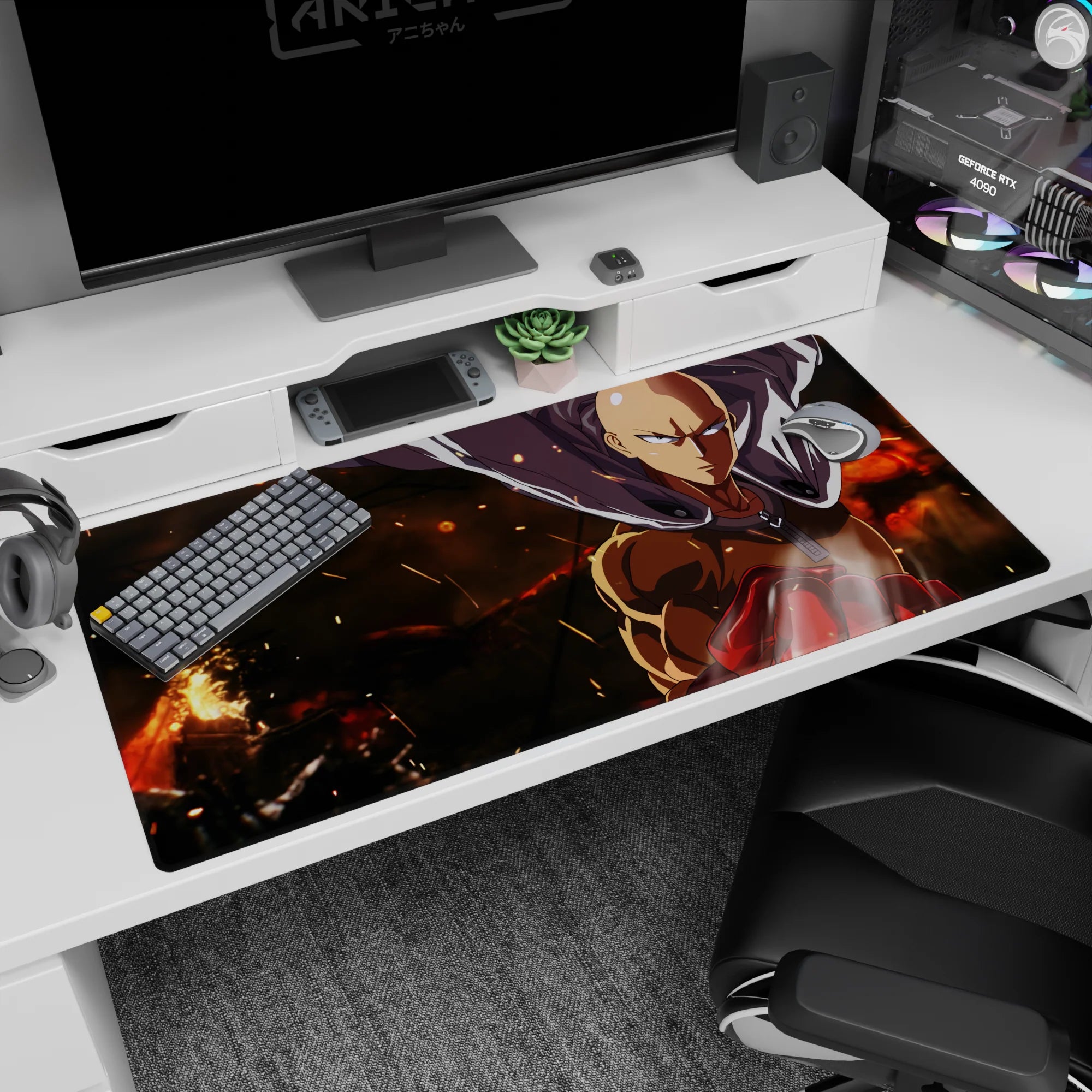 40x20 inches One Punch Man desk pad showing Saitama staring calmly as his cape whips amid burning embers.