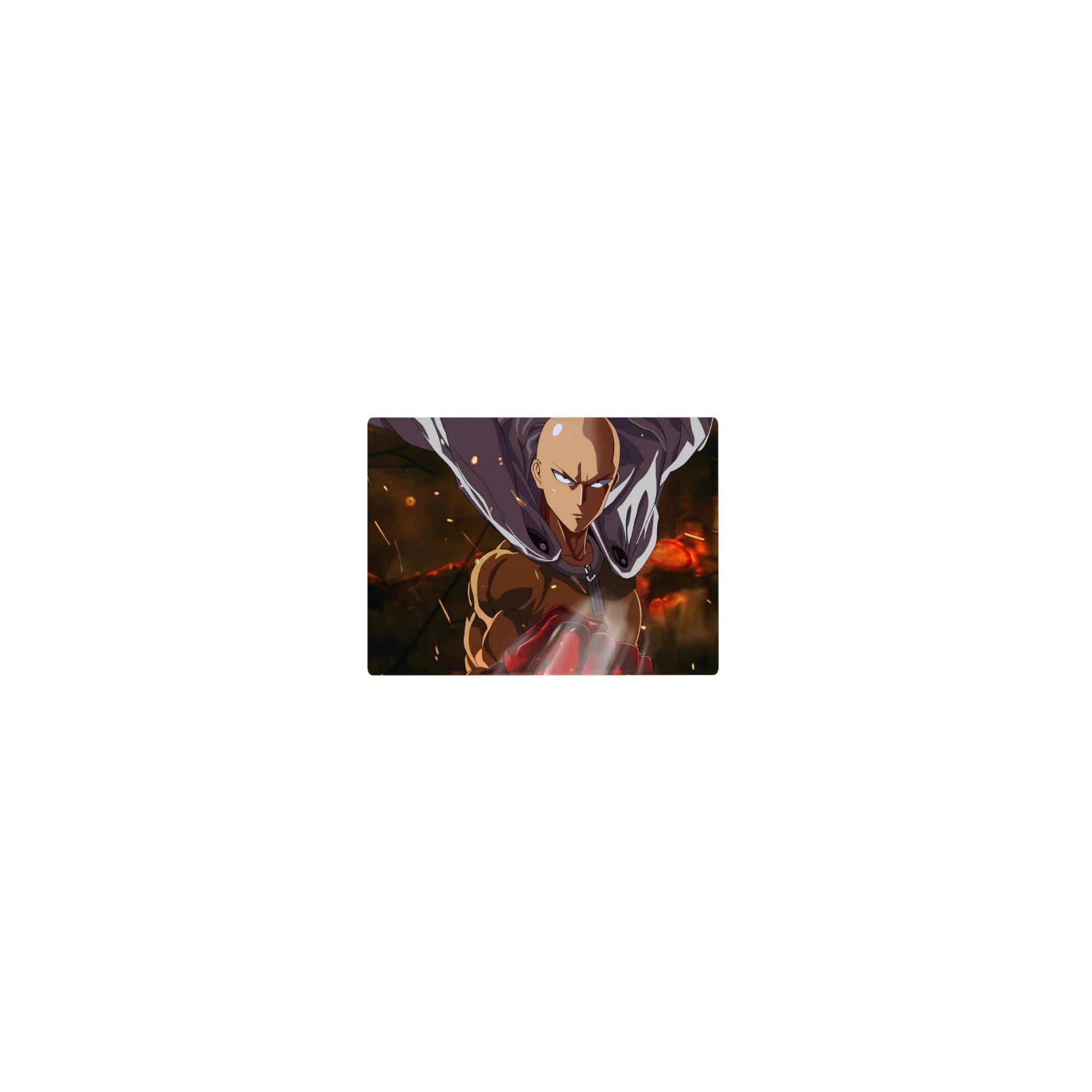 Classic anime mouse pad 14x10 inches with Saitama silhouette, flowing cape, embers, and red glove detail.