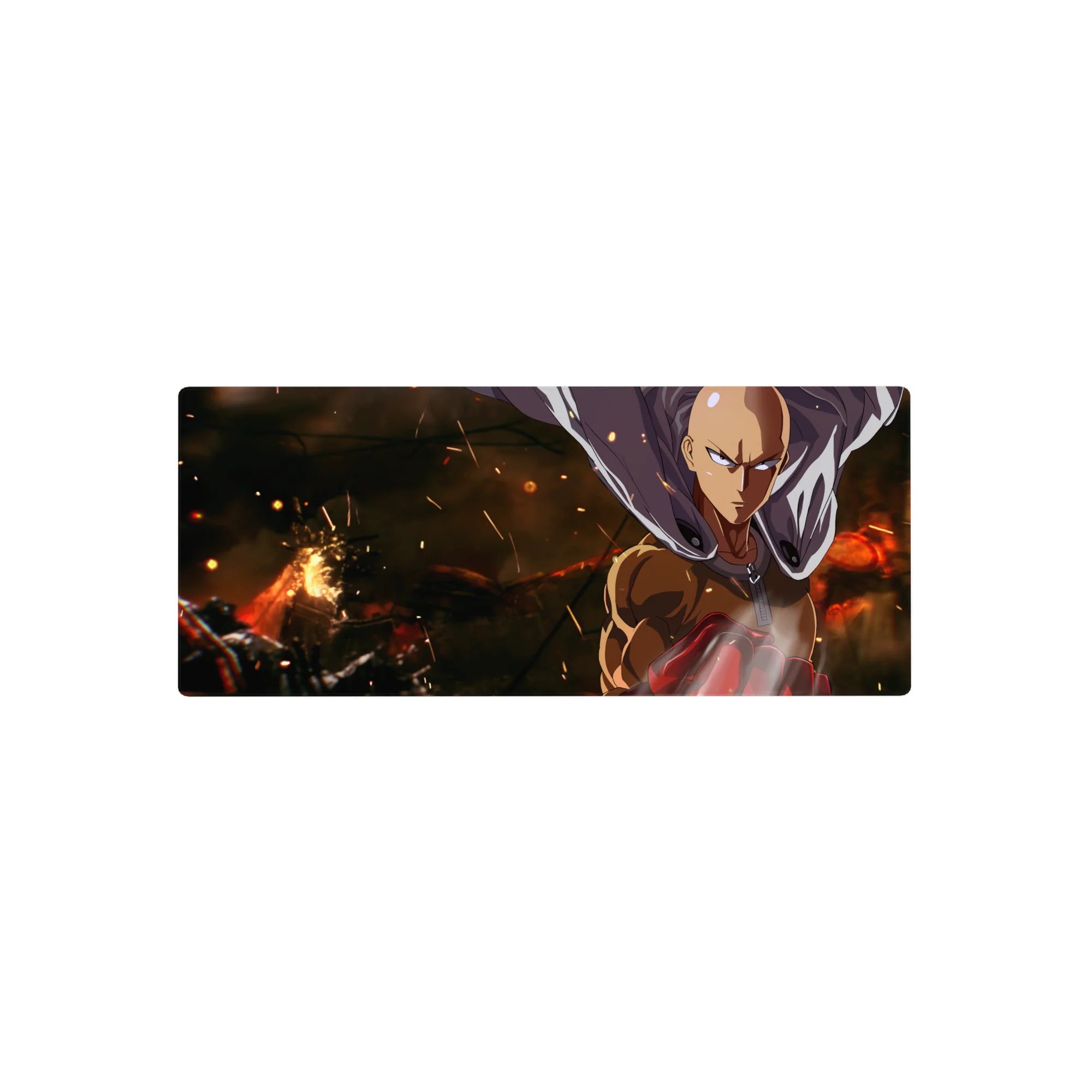 28x12 inches anime mouse pad with Saitama silhouette, flowing cape, embers backdrop, bold red glove.
