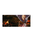 28x12 inches anime mouse pad with Saitama silhouette, flowing cape, embers backdrop, bold red glove.