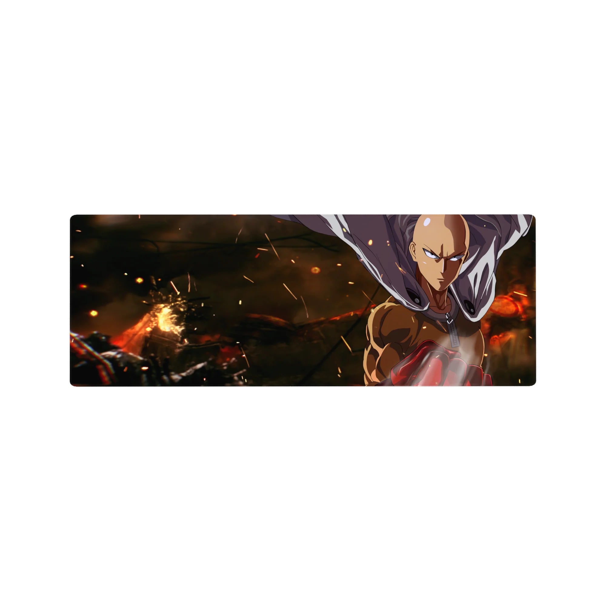 32x12 inches anime mouse pad with Saitama silhouette, flowing cape, embers backdrop, and red glove detail.