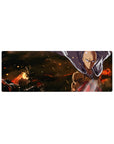 32x12 inches anime mouse pad with Saitama silhouette, flowing cape, embers backdrop, and red glove detail.