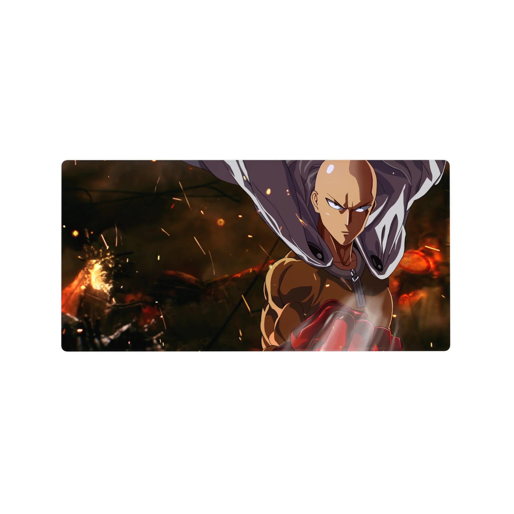 32x16 inches anime mouse pad with Saitama silhouette, flowing cape, embers backdrop, and bold red glove.
