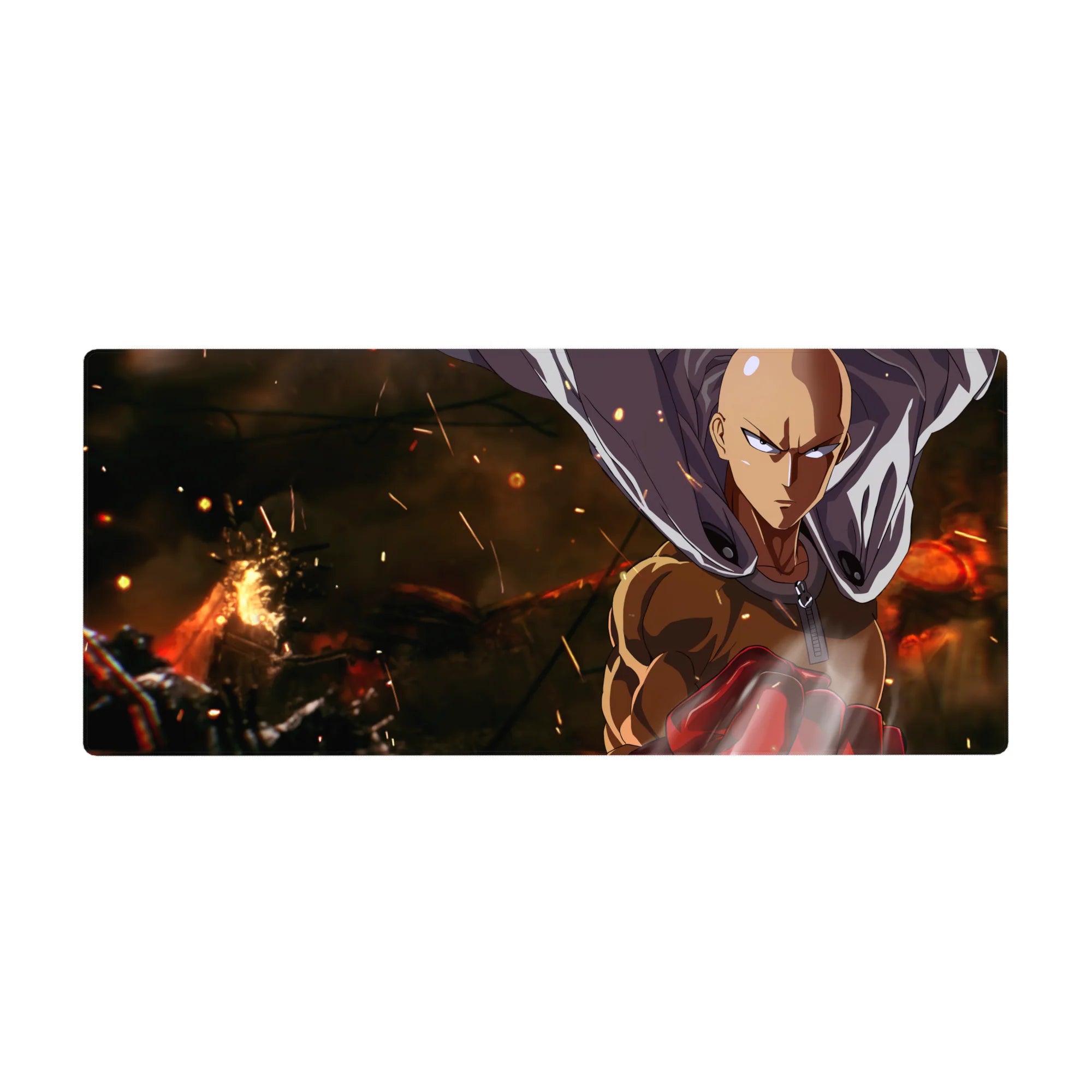 36x16 inches anime desk pad with Saitama silhouette, flowing cape, embers, and bold red glove.