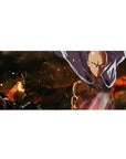 36x16 inches anime desk pad with Saitama silhouette, flowing cape, embers, and bold red glove.