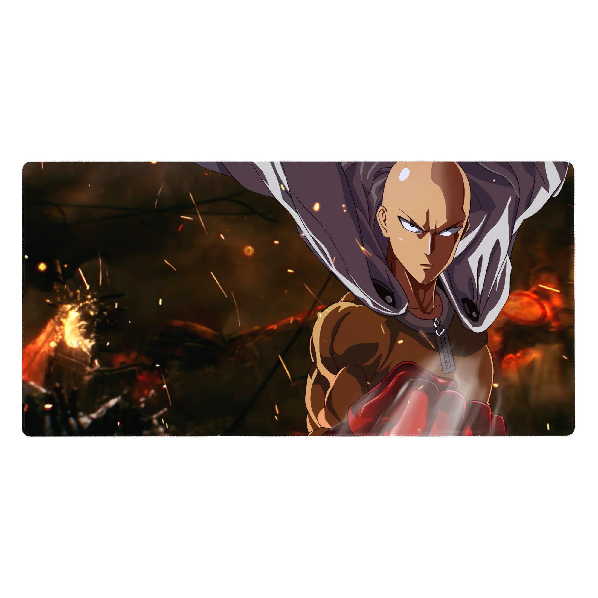 40x20 inches anime desk pad with Saitama silhouette, flowing cape, embers backdrop, red glove detail.