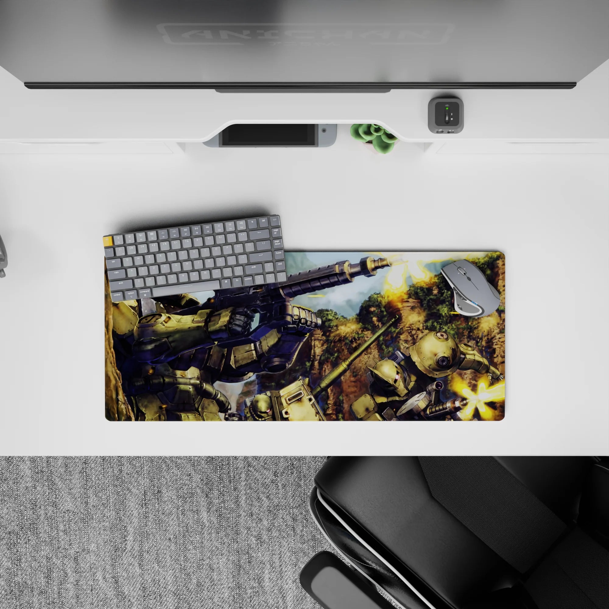 28x12 inches anime mouse pad in olive green and stone brown with pink mono-eye glow, gritty vibe.
