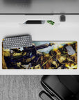 32x12 inches anime mouse pad in olive green armor tones with pink mono-eye glow and bright muzzle flashes.