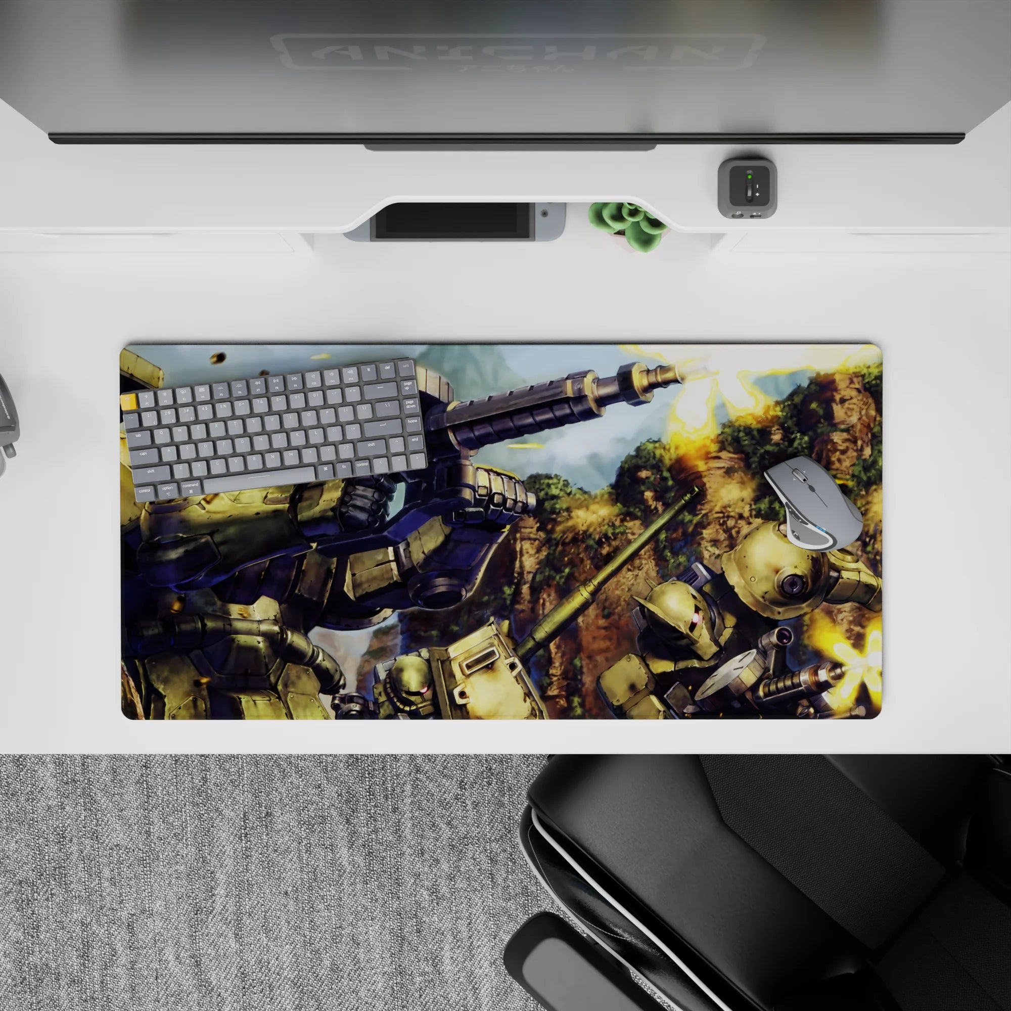 Olive armor, pink mono-eye glow, dusty canyon tones anime mouse pad 32x16 inches.