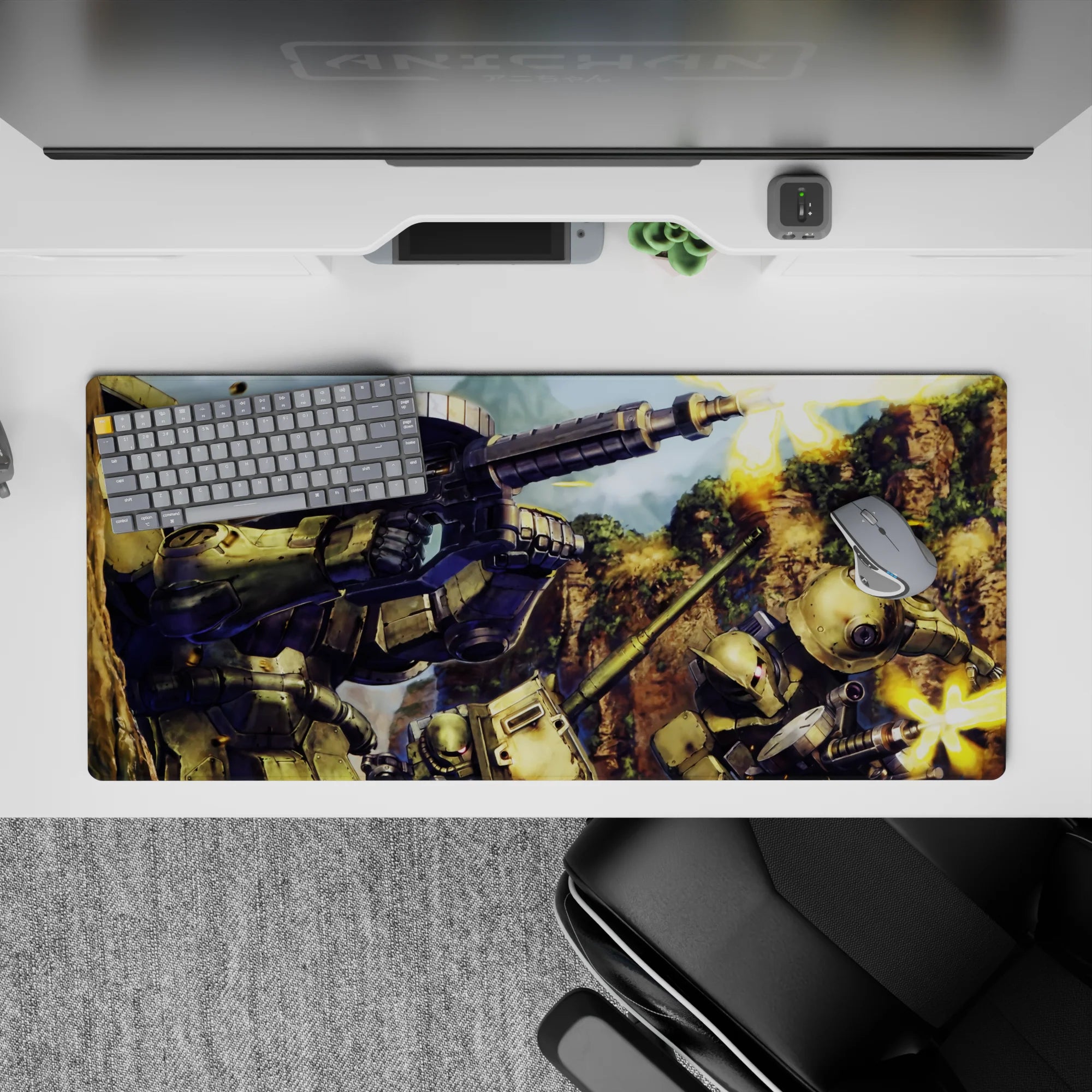 Olive armor, pink mono-eye glow, dusty green canyon tones anime desk pad 36x16 inches.