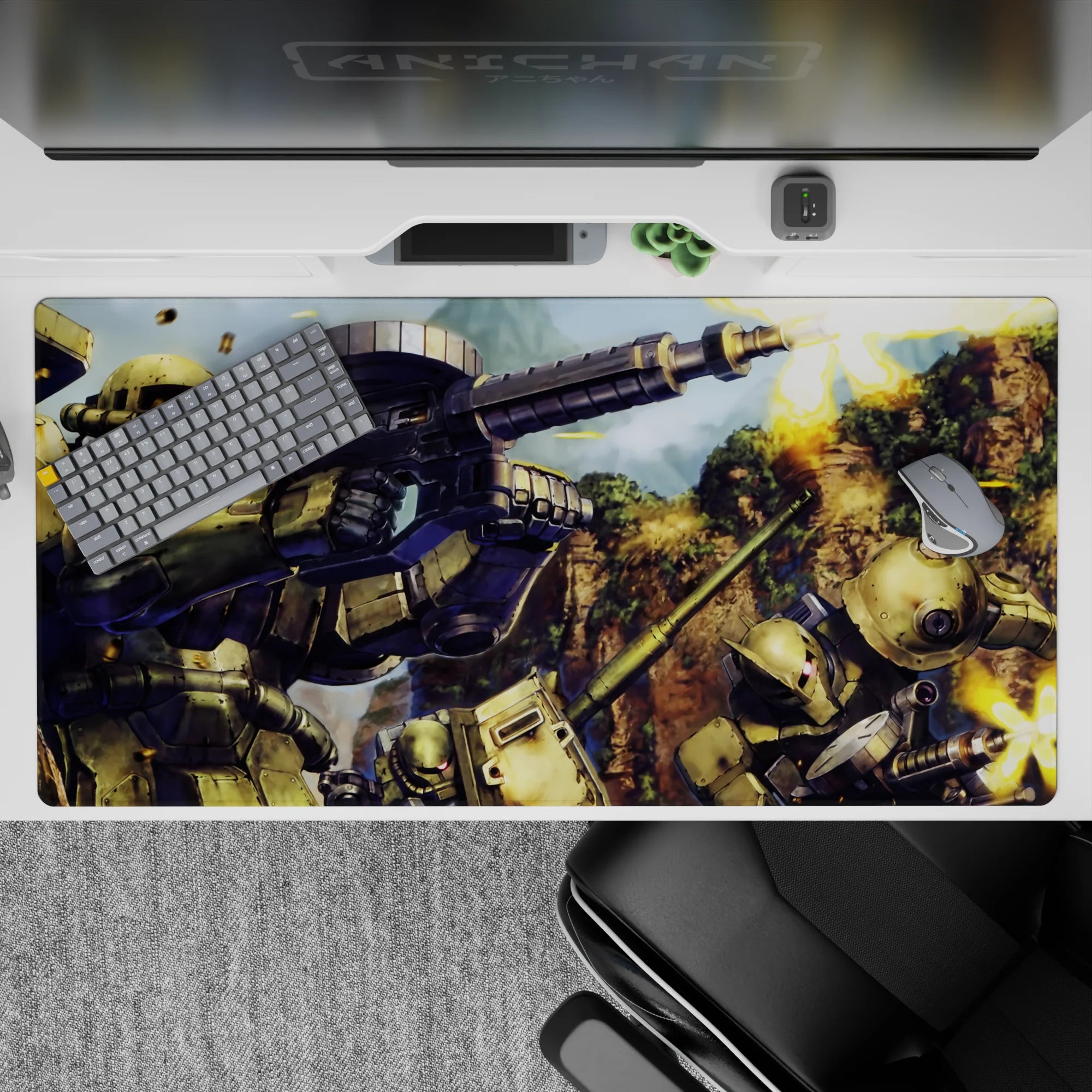 40x20 inches anime desk pad in olive green and stone browns with pink mono-eye glow, gritty war mood.
