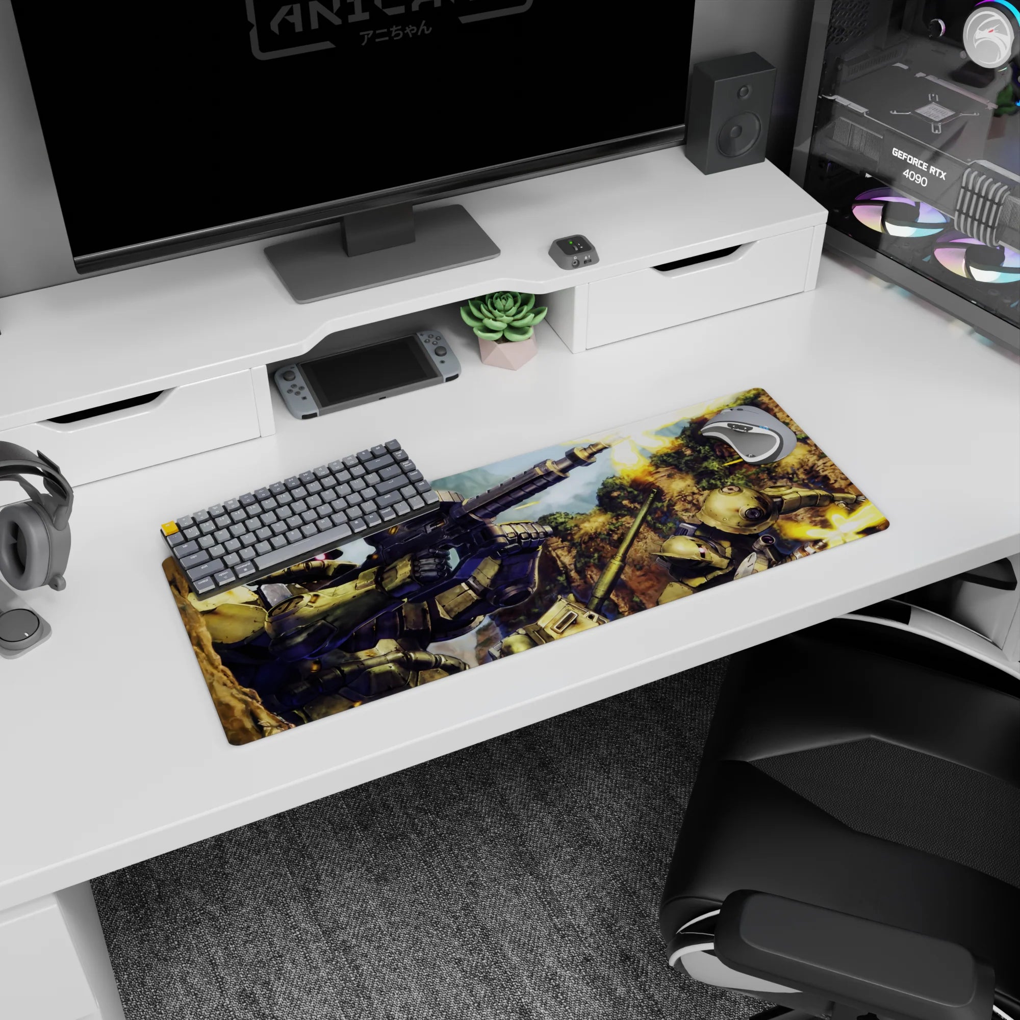 32x12 inches Gundam mouse pad showing Zaku II squads firing in a dusty canyon with hot thrusters.
