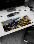 Zaku II squads firing with hot thrusters and muzzle flashes in canyon anime mouse pad 32x16 inches.