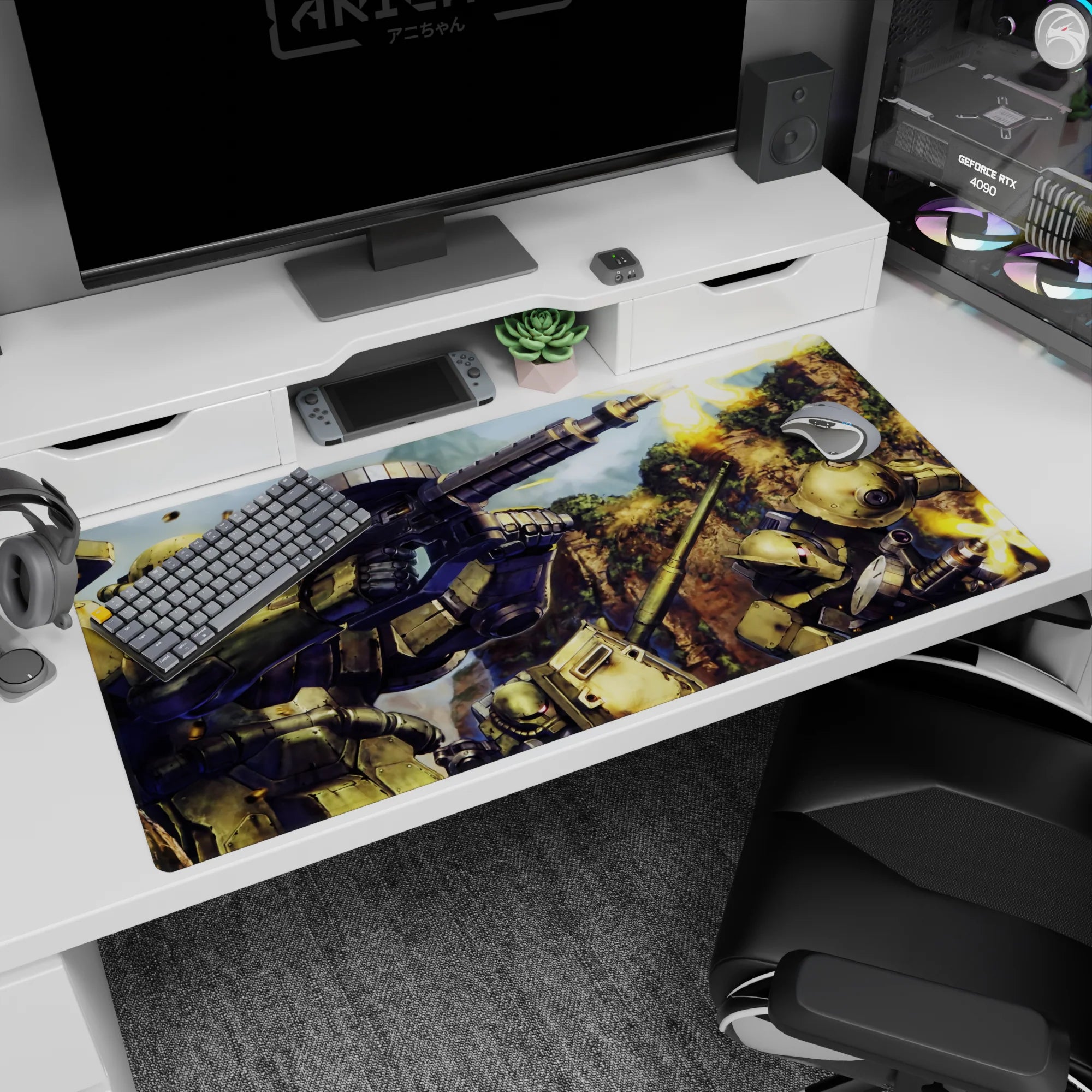 40x20 inches Mobile Suit Gundam desk pad featuring Zaku II units firing across a dusty canyon backdrop.