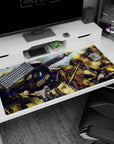 40x20 inches Mobile Suit Gundam desk pad featuring Zaku II units firing across a dusty canyon backdrop.