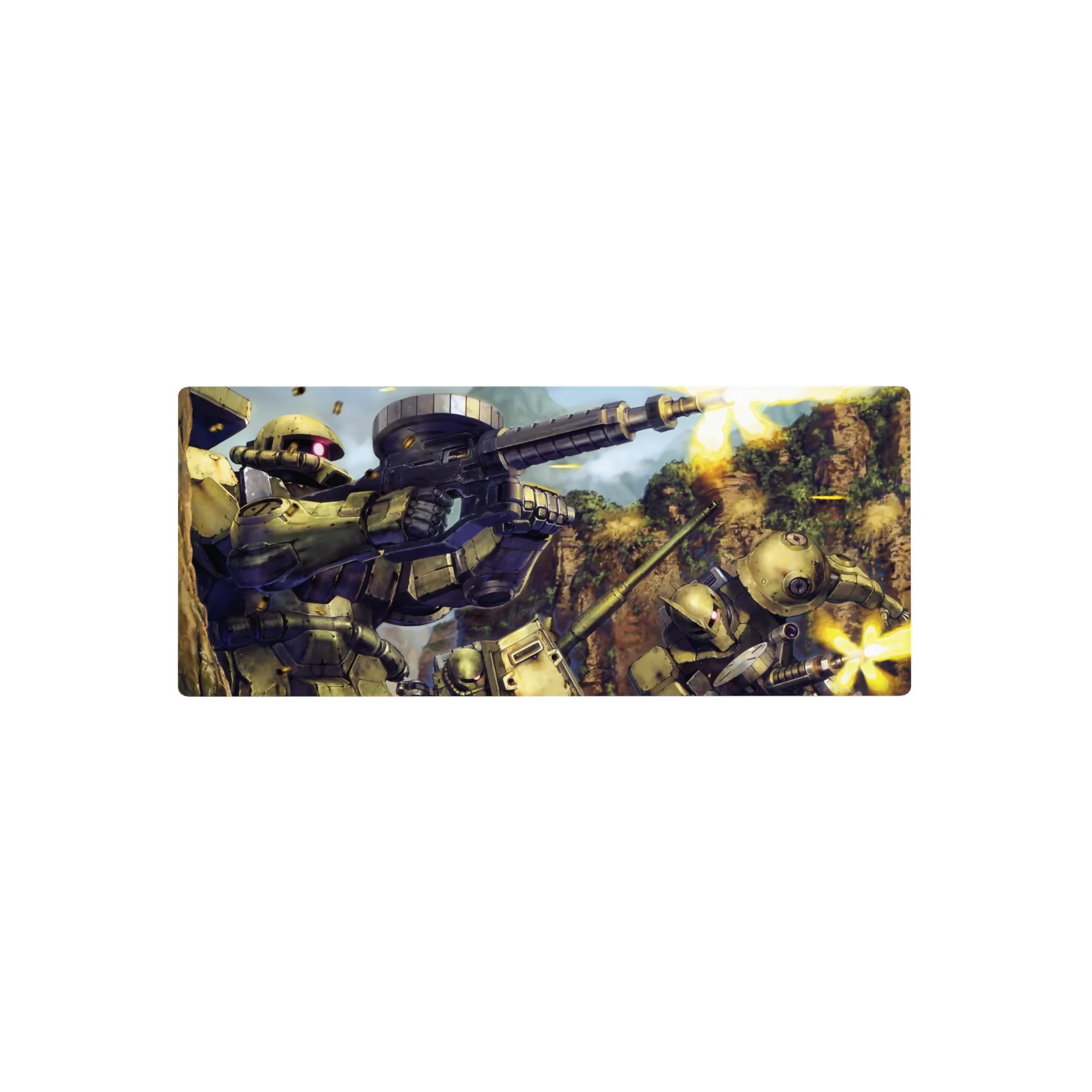 28x12 inches anime mouse pad featuring Zaku II mecha battle scene with thrusters and muzzle flashes.