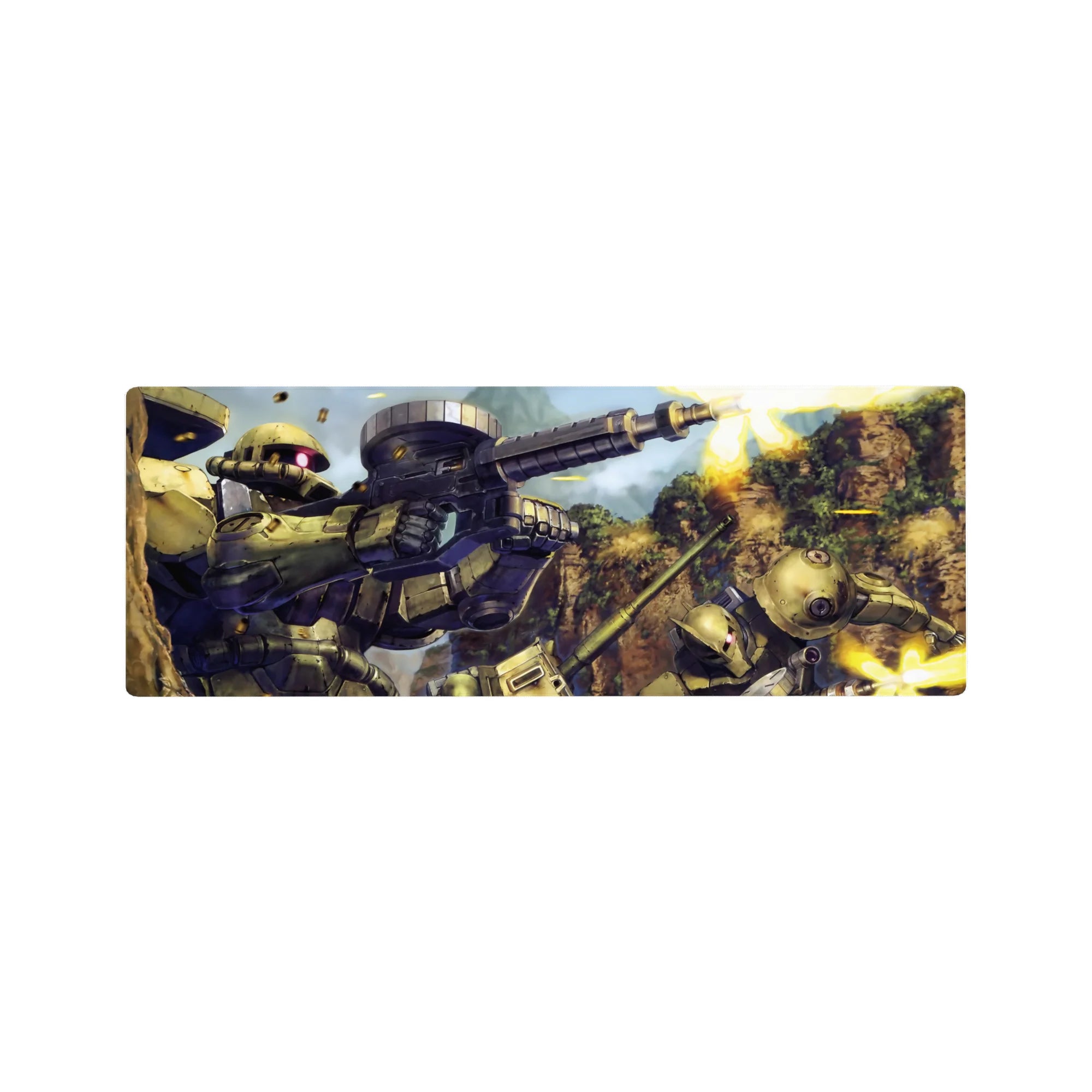 32x12 inches anime mouse pad with Zaku II mobile suits, glowing mono-eye, thrusters, and canyon battle art.