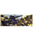 32x12 inches anime mouse pad with Zaku II mobile suits, glowing mono-eye, thrusters, and canyon battle art.