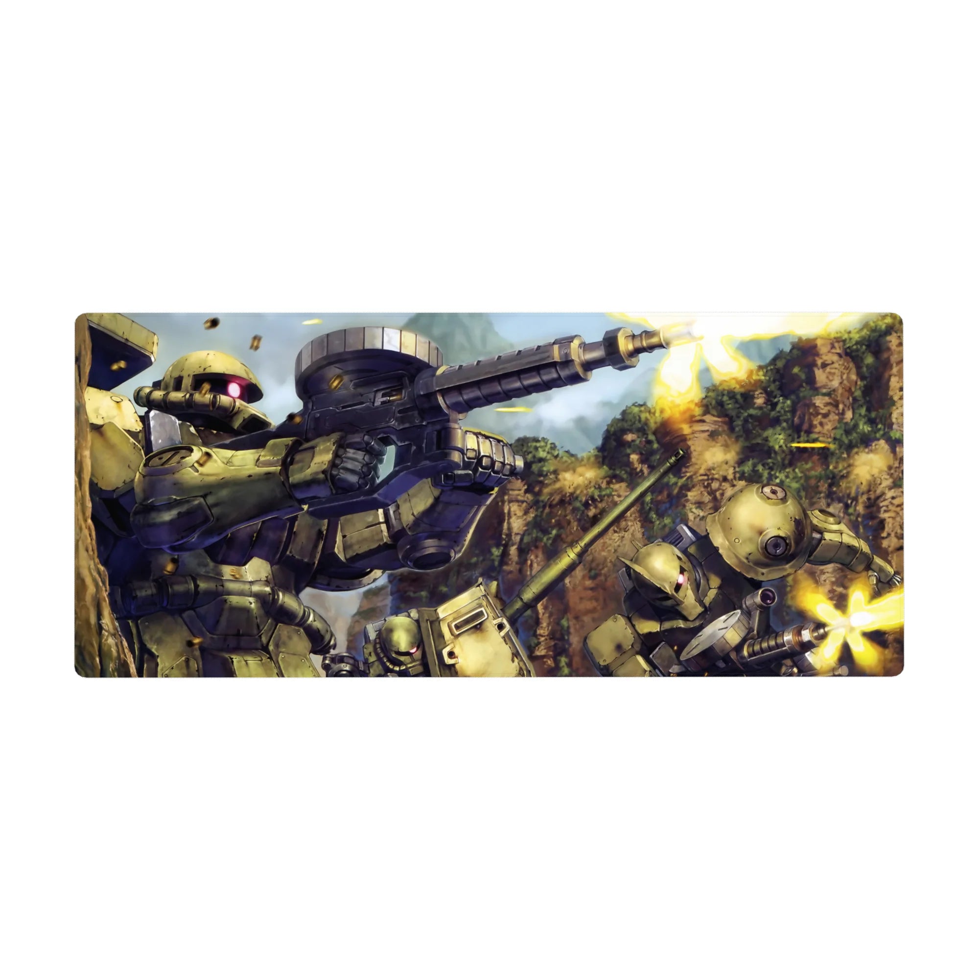 Mobile Suit Gundam Zaku II battle anime desk pad, canyon firefight art, 36x16 inches.