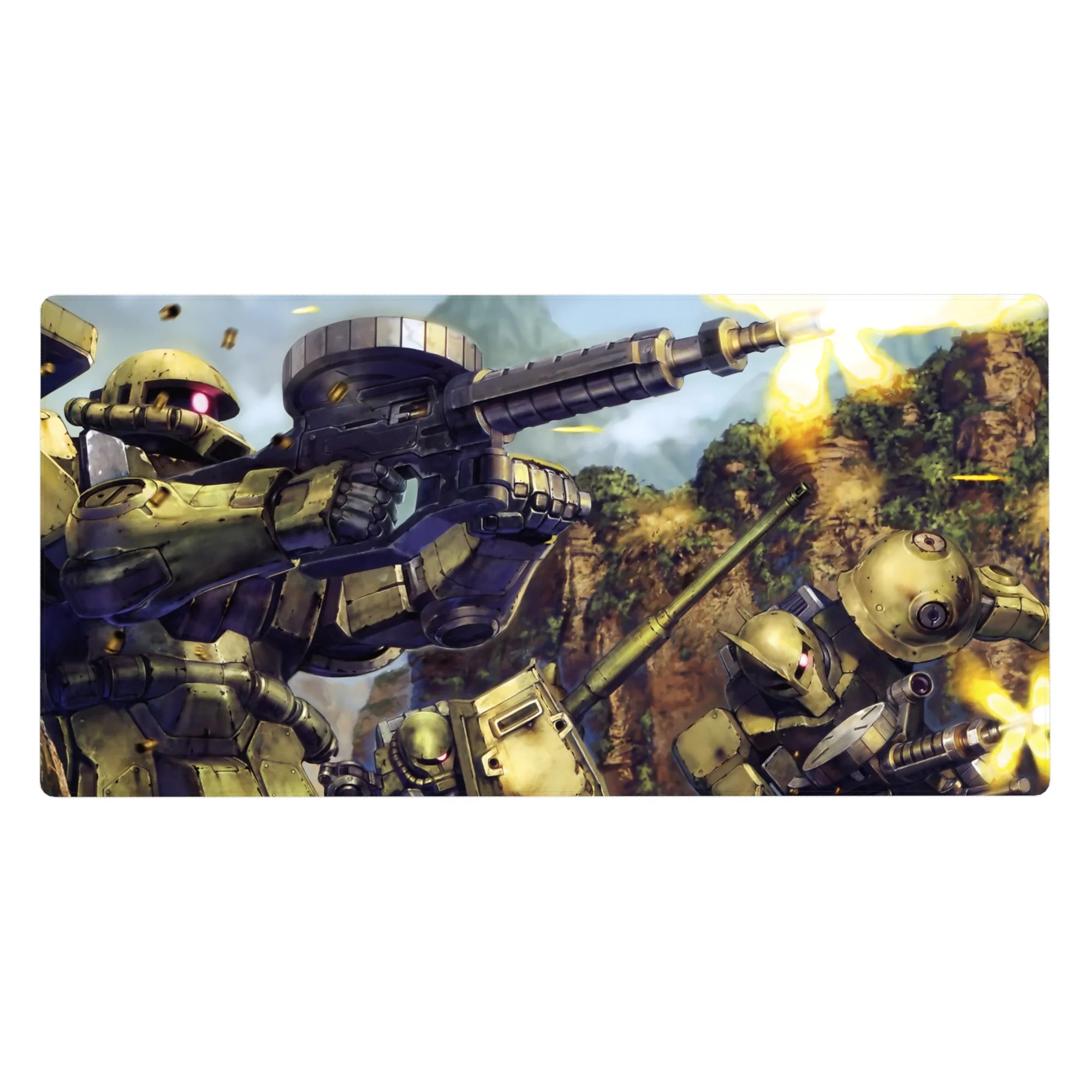 40x20 inches anime desk pad with Zaku II squads battling in a canyon, thrusters blazing and muzzle flashes.
