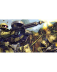 40x20 inches anime desk pad with Zaku II squads battling in a canyon, thrusters blazing and muzzle flashes.