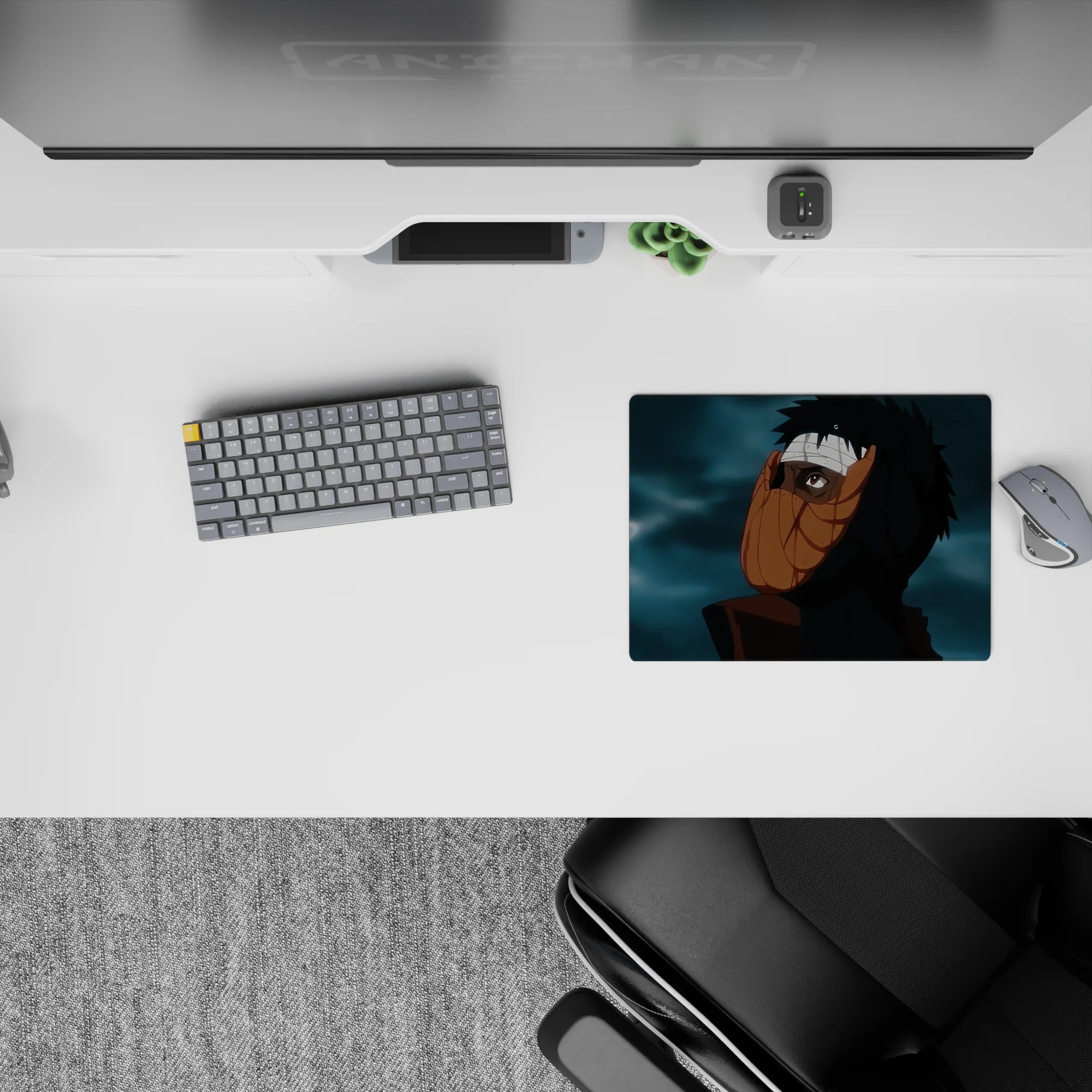 Dark moody anime mouse pad 14x10 inches in stormy blue-gray with sharp blacks and warm orange accents.